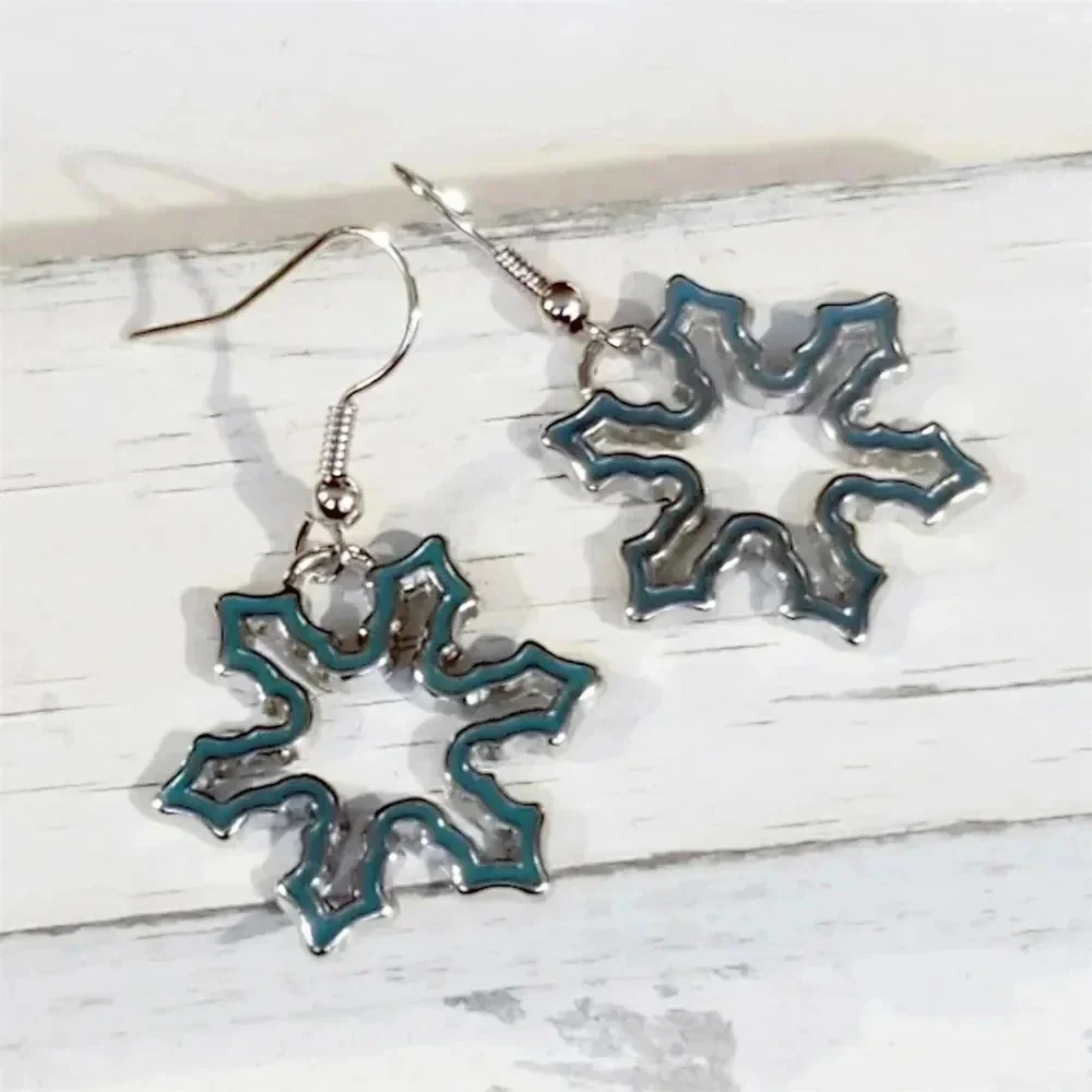 Handmade Silver Teal Blue Enameled Snowflake Winter Christmas Holidays Earrings